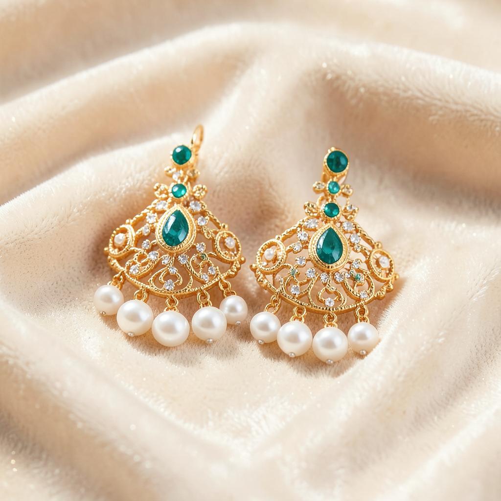 Gold Noor earrings with emerald stones and pearl drops